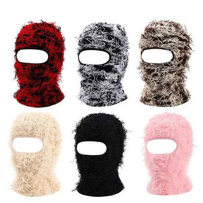 Balaclava Distressed Knitted Caps Hip Hop Full Face Ski Mask Women Outdoor Camouflage Fleece Fuzzy Ski Balaclava Beanies Men Hat