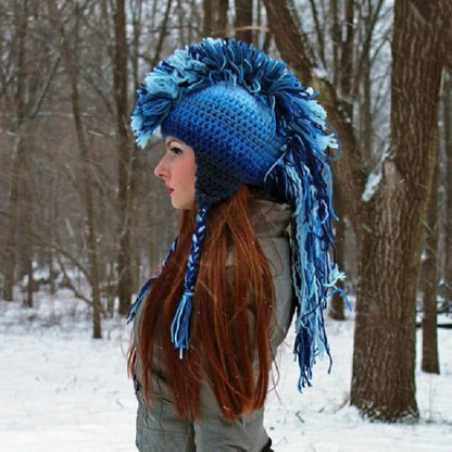 Popular Holiday Party Hat Handmade Crochet Novelty Earflap Hat Rainbow Roman Knight Hat Cosplay Knight Fringe Hat Dress Up Gift