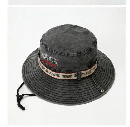 Summer Men Bucket Hat Outdoor Washed Cotton UV Protection Wide Brim Panama Safari Hunting Hiking Hat Adjustable Sunscreen Cap