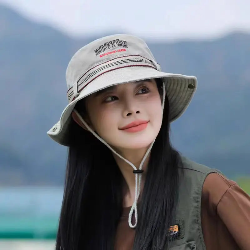 Summer Men Bucket Hat Outdoor Washed Cotton UV Protection Wide Brim Panama Safari Hunting Hiking Hat Adjustable Sunscreen Cap
