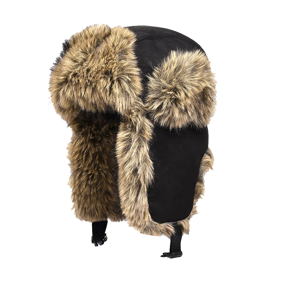 Winter Ushanka Hat Men Pilot Aviator Trapper Hat Faux Fur Leather Snow Skiing Cap with Ear Flaps Thick Winter Bomber Hat Male