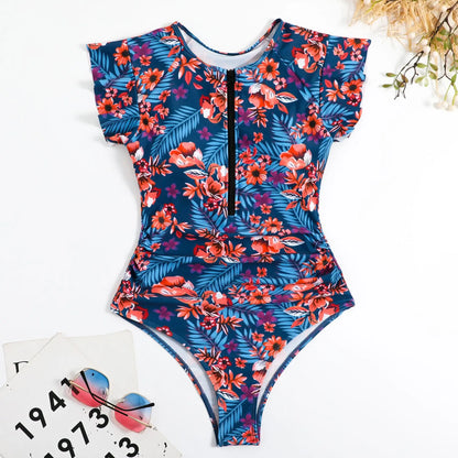New Fashion Short Dress One-piece Swimsuit Zipper Swimsuit Sexy Bikini Women's Thickened Printed Swimming Beach Wear Summer
