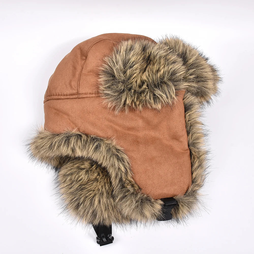 Winter Ushanka Hat Men Pilot Aviator Trapper Hat Faux Fur Leather Snow Skiing Cap with Ear Flaps Thick Winter Bomber Hat Male