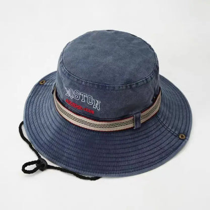 Summer Men Bucket Hat Outdoor Washed Cotton UV Protection Wide Brim Panama Safari Hunting Hiking Hat Adjustable Sunscreen Cap