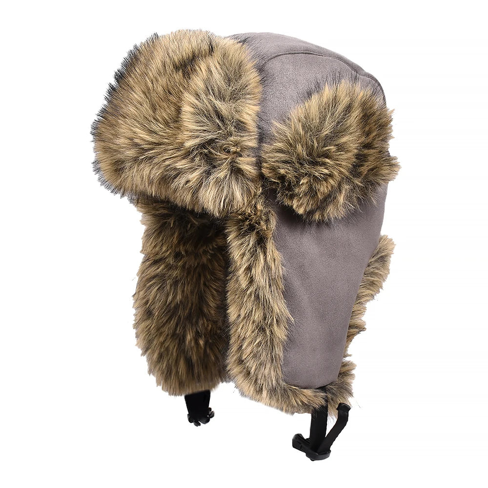 Winter Ushanka Hat Men Pilot Aviator Trapper Hat Faux Fur Leather Snow Skiing Cap with Ear Flaps Thick Winter Bomber Hat Male