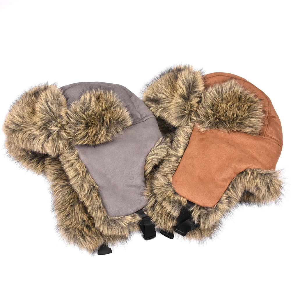 Winter Ushanka Hat Men Pilot Aviator Trapper Hat Faux Fur Leather Snow Skiing Cap with Ear Flaps Thick Winter Bomber Hat Male