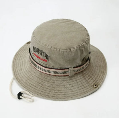 Summer Men Bucket Hat Outdoor Washed Cotton UV Protection Wide Brim Panama Safari Hunting Hiking Hat Adjustable Sunscreen Cap