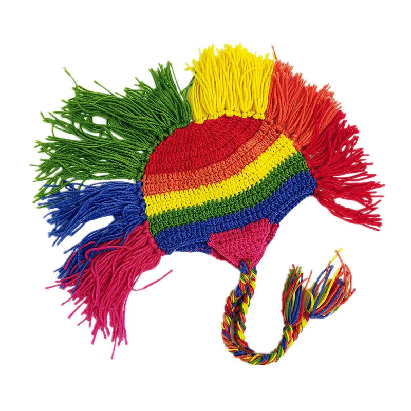 Popular Holiday Party Hat Handmade Crochet Novelty Earflap Hat Rainbow Roman Knight Hat Cosplay Knight Fringe Hat Dress Up Gift