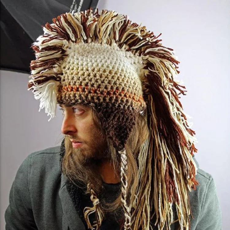 Popular Holiday Party Hat Handmade Crochet Novelty Earflap Hat Rainbow Roman Knight Hat Cosplay Knight Fringe Hat Dress Up Gift