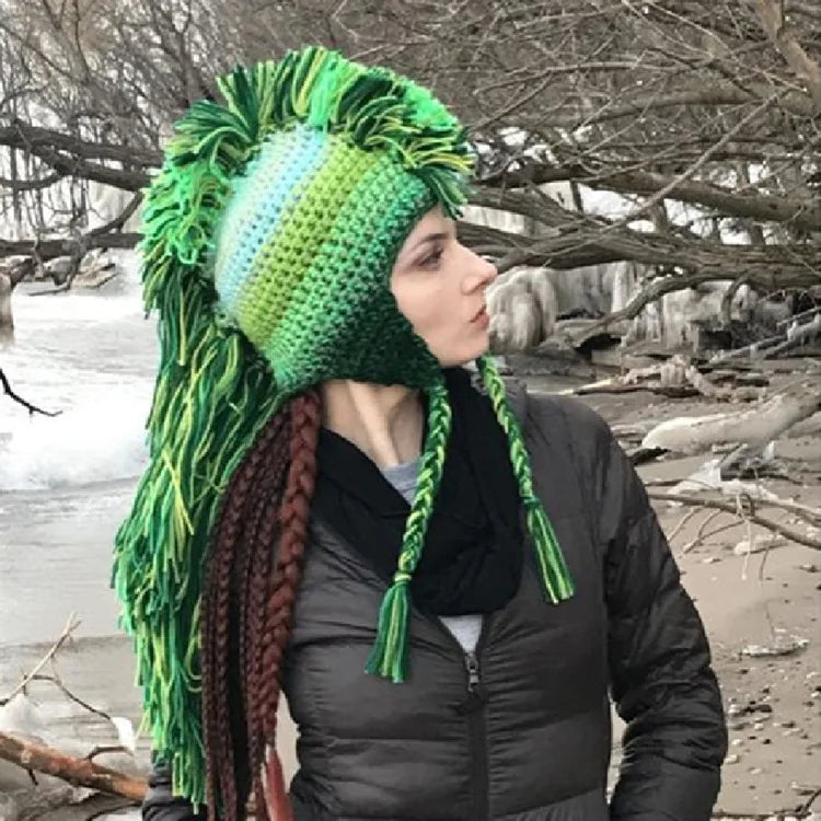 Popular Holiday Party Hat Handmade Crochet Novelty Earflap Hat Rainbow Roman Knight Hat Cosplay Knight Fringe Hat Dress Up Gift