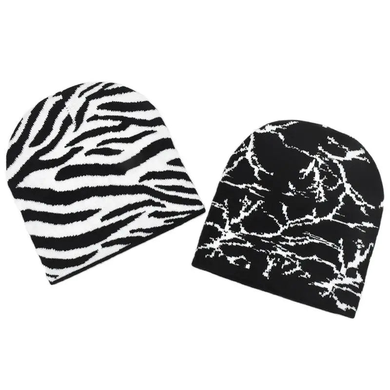 New Knitted Beanies Hat Black White Geometry Print Winter Warm Ski Hats Skullies Caps Soft Elastic Cap Sport Bonnet Men Women
