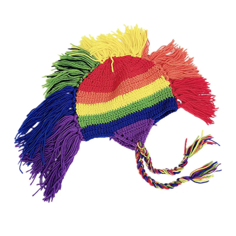 Popular Holiday Party Hat Handmade Crochet Novelty Earflap Hat Rainbow Roman Knight Hat Cosplay Knight Fringe Hat Dress Up Gift