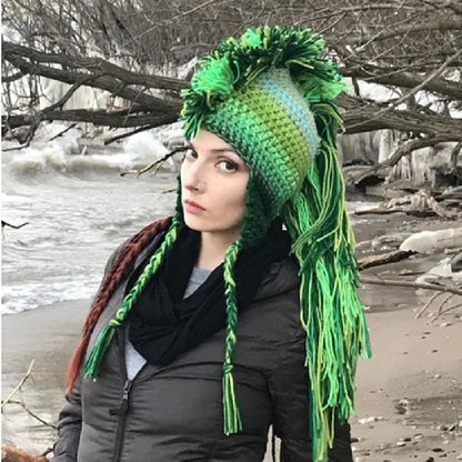 Popular Holiday Party Hat Handmade Crochet Novelty Earflap Hat Rainbow Roman Knight Hat Cosplay Knight Fringe Hat Dress Up Gift