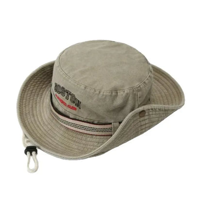 Summer Men Bucket Hat Outdoor Washed Cotton UV Protection Wide Brim Panama Safari Hunting Hiking Hat Adjustable Sunscreen Cap