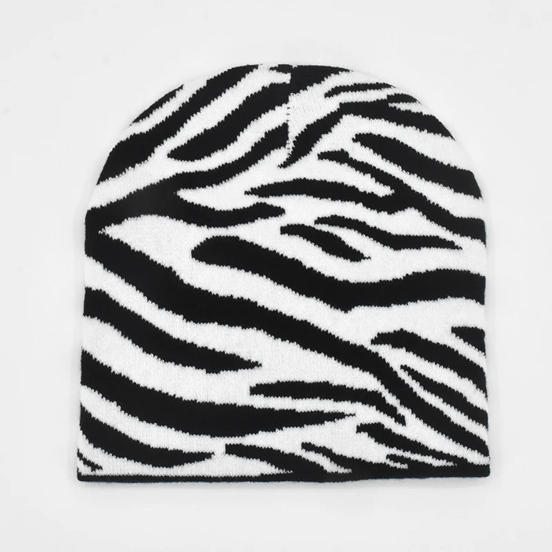 New Knitted Beanies Hat Black White Geometry Print Winter Warm Ski Hats Skullies Caps Soft Elastic Cap Sport Bonnet Men Women