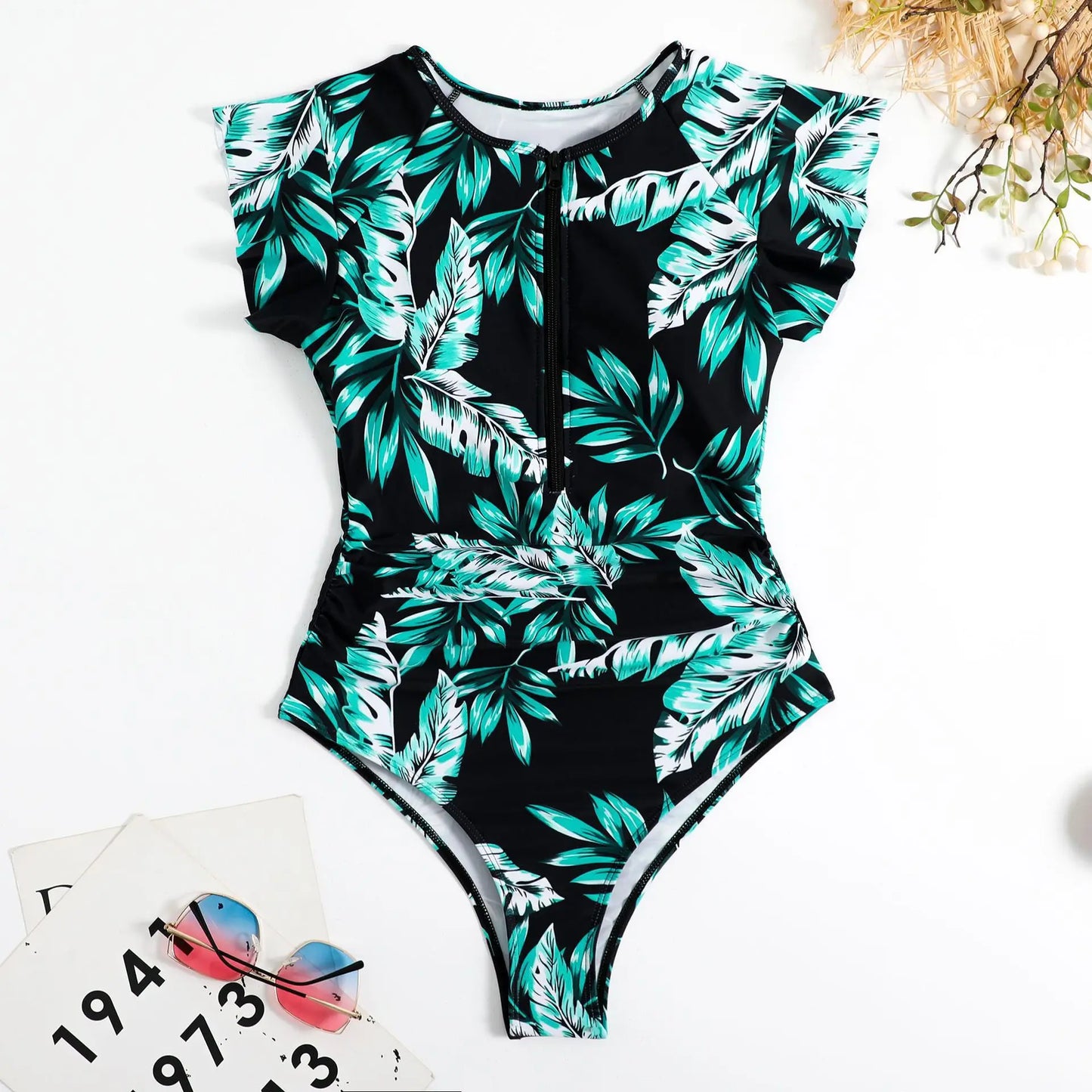 New Fashion Short Dress One-piece Swimsuit Zipper Swimsuit Sexy Bikini Women's Thickened Printed Swimming Beach Wear Summer