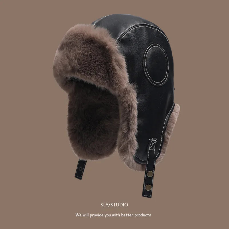 Winter Women Men's Trapper Aviator Trooper Earflap PU Leather Warm Russian Waterproof Ski Hat Bunker Cap Warm Ear Protectors Hat