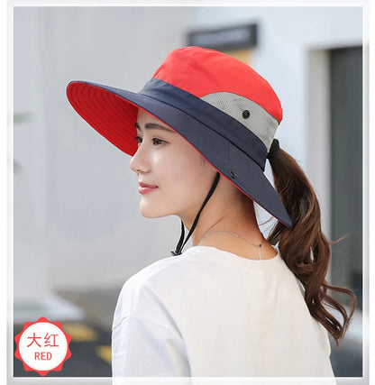 Women Large Brim With Leaking Ponytail Quick Drying Bucket Hats Fishermen Caps Outdoor Casual Cap Women Sunscreen Hat
