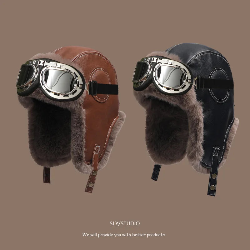 Winter Women Men's Trapper Aviator Trooper Earflap PU Leather Warm Russian Waterproof Ski Hat Bunker Cap Warm Ear Protectors Hat