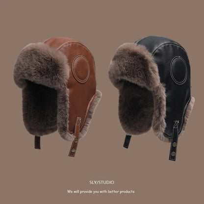Winter Women Men's Trapper Aviator Trooper Earflap PU Leather Warm Russian Waterproof Ski Hat Bunker Cap Warm Ear Protectors Hat