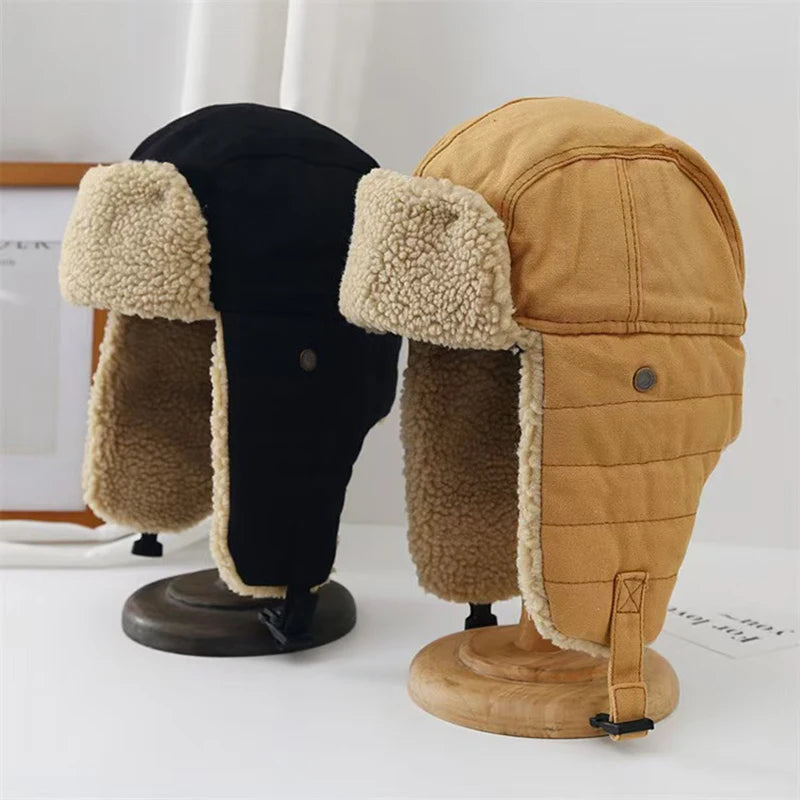 Unisex Winter Hats with Ear Flaps Cotton Trapper Hat Aviator Windproof Ski Cap Buckle Closure Ushanka Outdoor