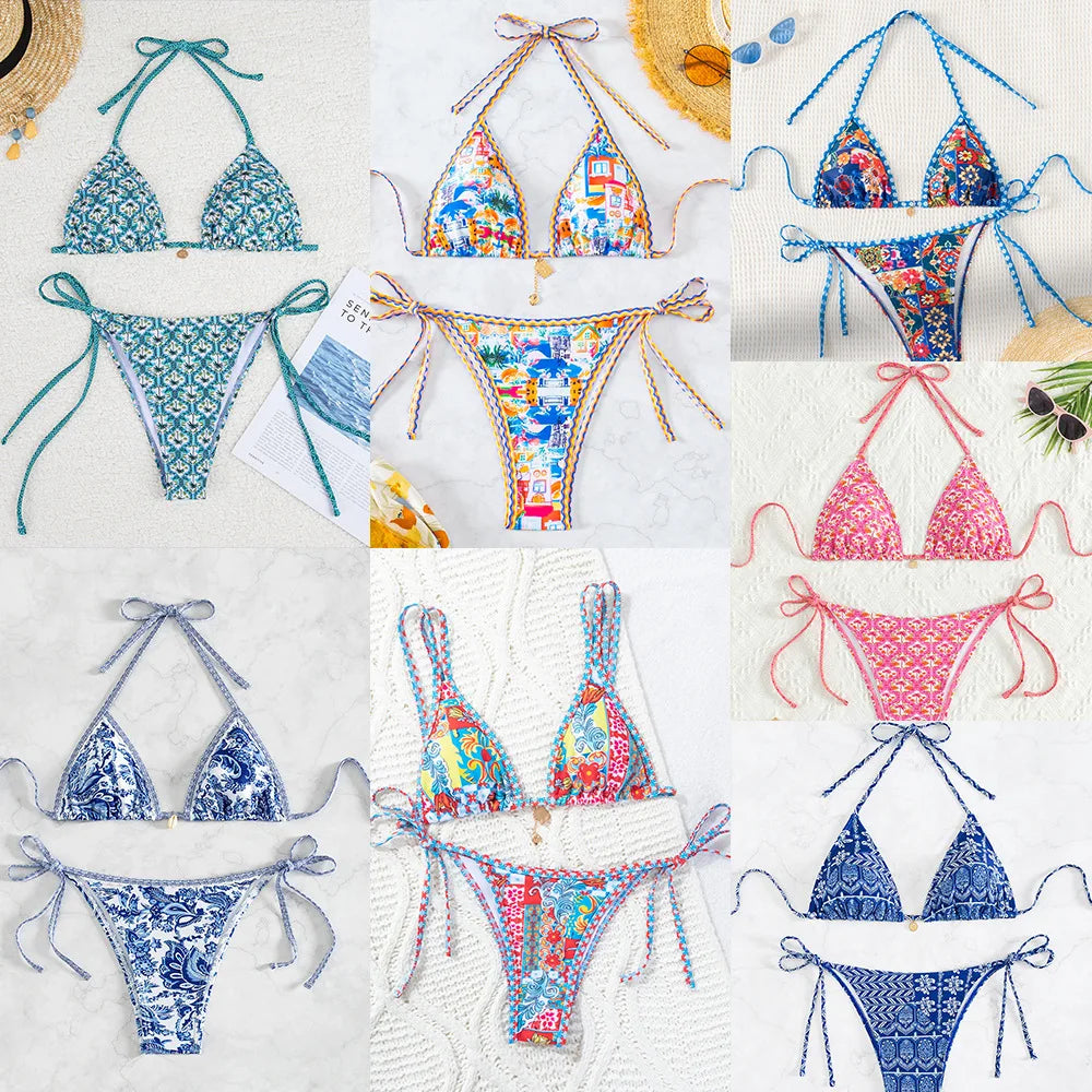 2026 New Women's Bikini Set Adjustable Tie Side Bandage Swimwear High-End Sexy Two-Piece Bathing Suit Summer Beach Push Up