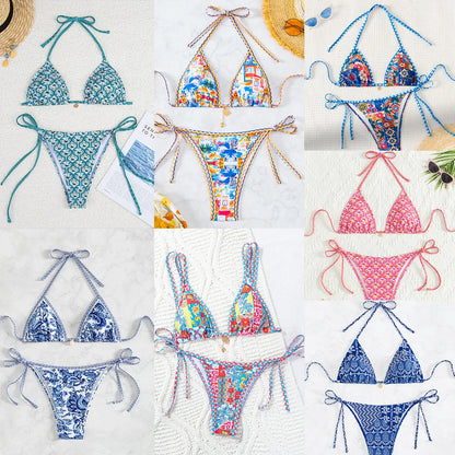 2026 New Women's Bikini Set Adjustable Tie Side Bandage Swimwear High-End Sexy Two-Piece Bathing Suit Summer Beach Push Up